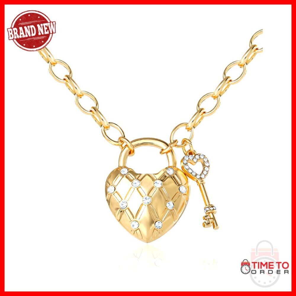 Gold-Tone Quilted Heart Key Necklace with Crystals, Adjustable 18"+2" Chain
